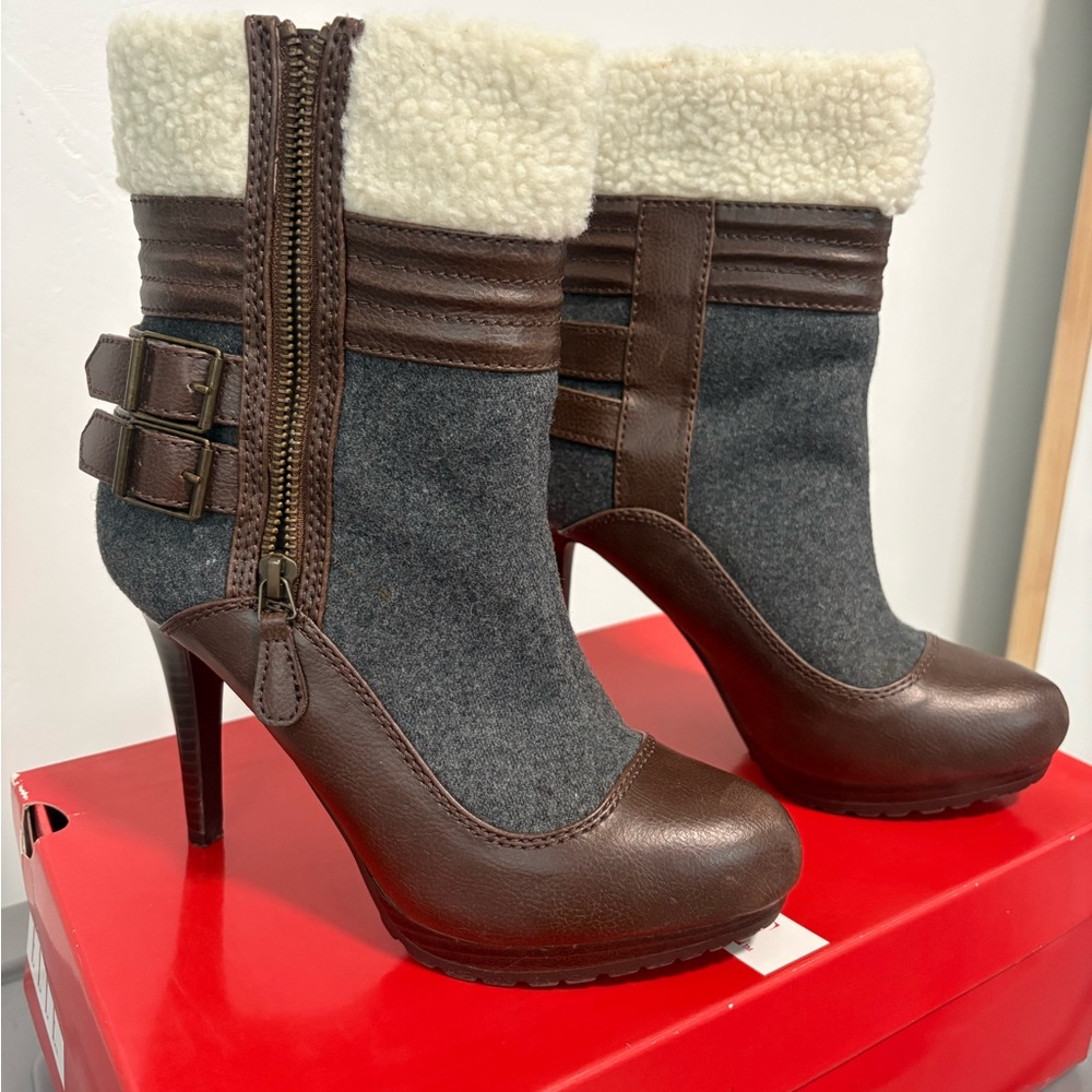 Elle Brown and Gray Heeled Boots